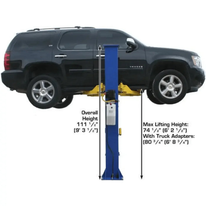 Atlas 9KBPX 9,000 lb Baseplate 2 Post Vehicle Lift with SUV lifted to max capacity showcasing the overall height of the lift beintg 111.5" - Mechanic Super Store