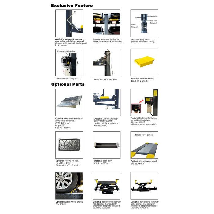 Amgo 409-HP 9,000 Lb Parking Lift flier showing up-close images of the mechanical parts- Mechanic Super Store