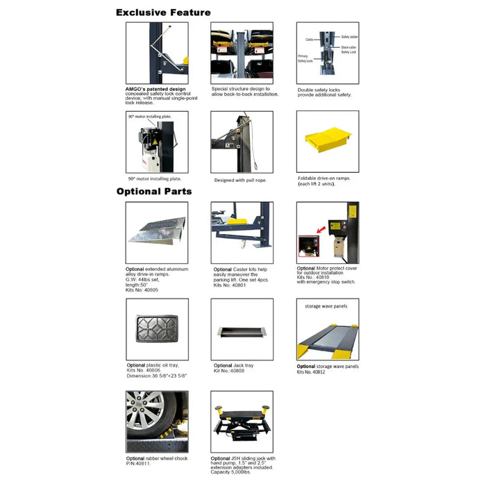 Amgo 408-HP 8,000 lb 4 Post Parking Lift flyer showing up close parts and benefits