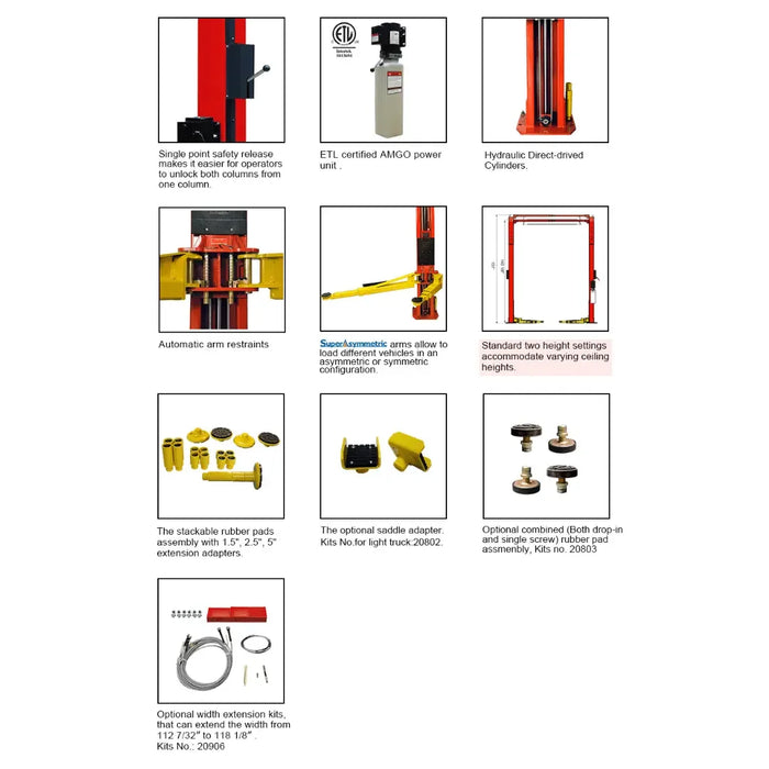 Amgo OH-9 9,000 lb 2 Post Lift flier showcasing 10 images of accessory parts and up-close images of parts of the 2 post car lift- Mechanic Super Store