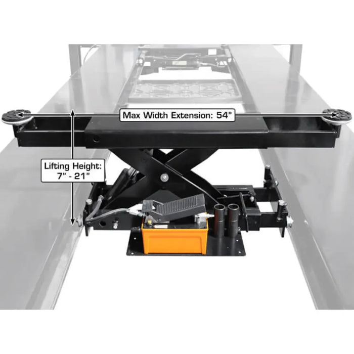 Atlas RJ6 Rolling Bridge 6,000 lb Jack showing a max width extension of 54" and liftin height of 7-21"- Mechanic Super Store