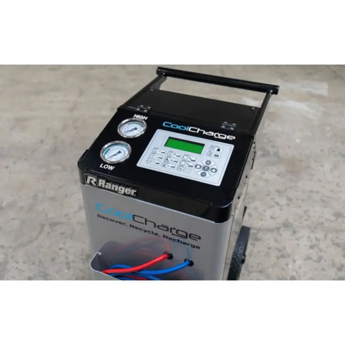 Ranger Cool Charge AC-134A R-134A Recovery, Recycling, and Recharging Machine / Automatic shown on a garage floor - Mechanic Super Store