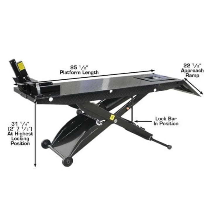 image showing 85.5" platform length, 22.5" approach ramp, lock bar position and 31.25" highest lockign position for the Atlas ACL Air Operated 1,000 lb Capacity Motorcycle Lift with Roller Plate - Mechanic Super Store