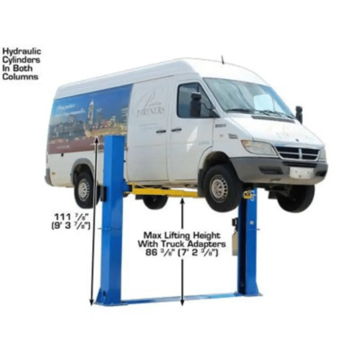 Atlas BP10000X Commercial Grade Baseplate 10,000 lb. Capacity 2-Post Lift showcasing the overall height of 111 7/8" and max lifting height of 86 3/8" with truck adapters - Mechanic Super Store