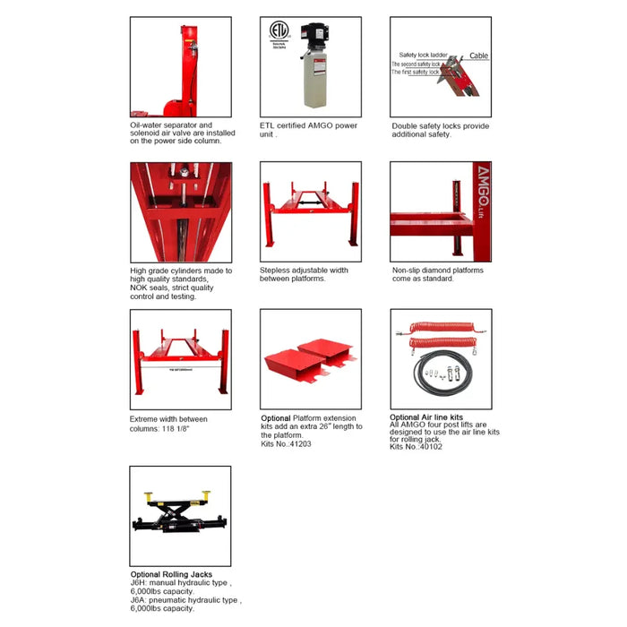 Amgo PRO-12ASX 12,000 lb 4 Post Alignment Lift flyer with insets of the motor and close up of all the mechanic parts and a jack