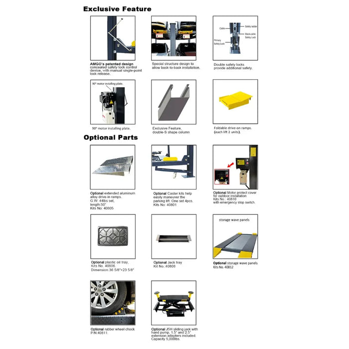 Amgo 408-P 8,000 lb 4 Post Parking Lift flyer with all features of the 4 post car lift- Mechanic Super Store