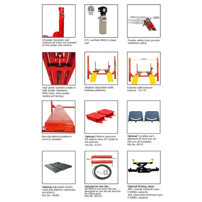 Amgo PRO-12SX 12,000 lb 4 Post CAR Lift flyer featuring different aspects and benefits of the 4 post lift - Mechanic Super Store
