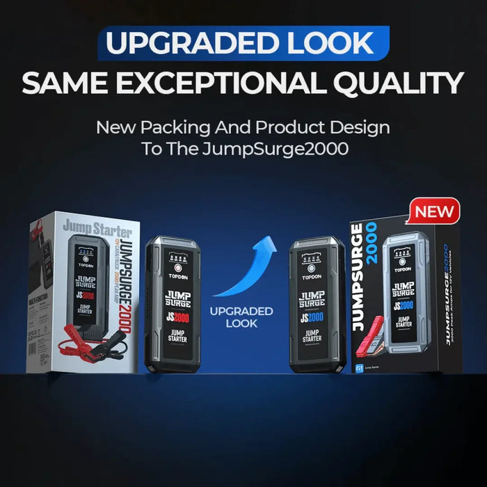 Topdon USA JumpSurge2000 12V Jump Starter & Power Bank flier showing the new packaging and slick product design of the Jumpsurge2000