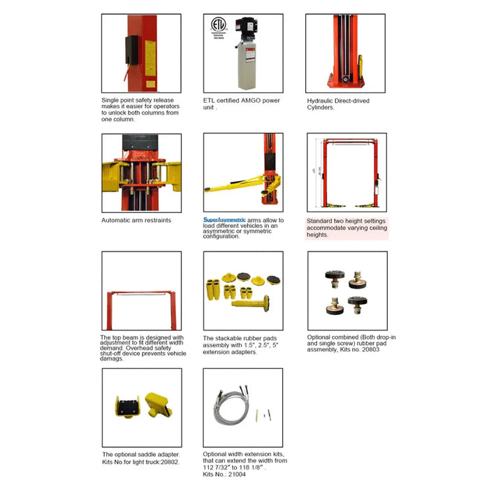 Amgo OHX-10H 10,000 lb 2 Post Lift spec sheet with images showing accessories and moving mechanical points.