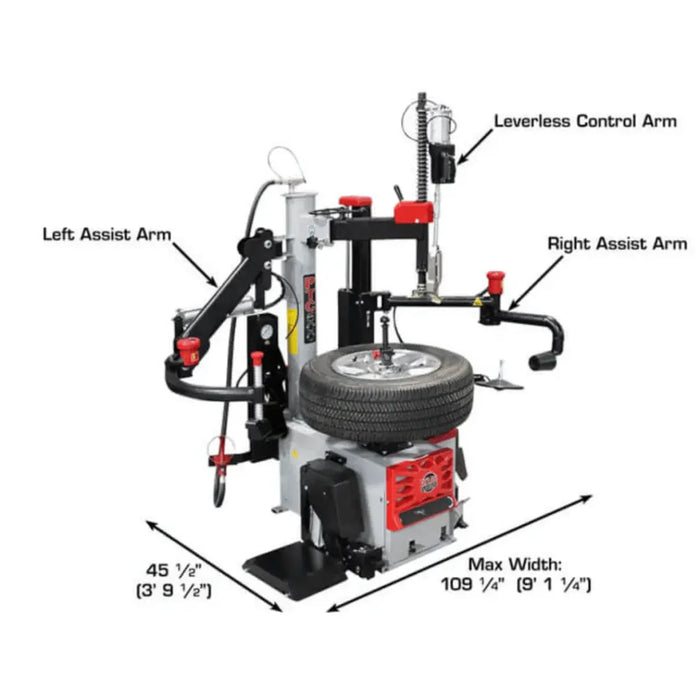 Atlas Platinum Tire Changer + PWB90XL Wheel Balancer Combo. Image showcases the left assist arm, right assist arm. leverless control arm, 45.56" deep and 109.25" wide