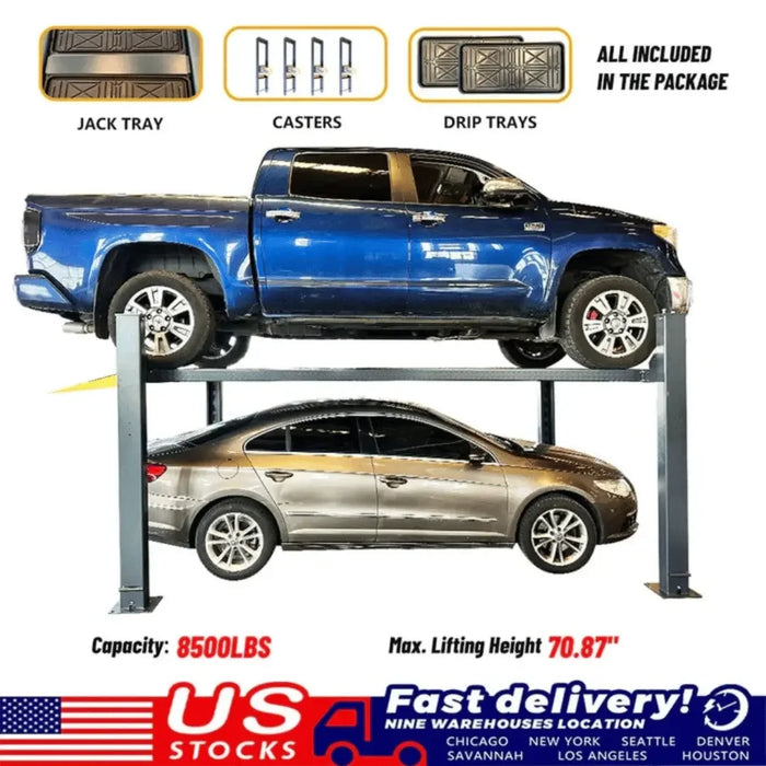 Katool KT-4H850 4 Post 8,500lb Heavy Duty Car Lift shown with inset images of the jack tray, casters and drip trays all of which are included.
