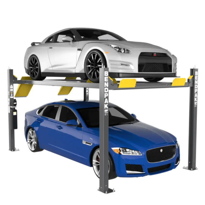 BendPak HD-9EWT 4 Post Extra-Wide/High Vehicle Lift shown holding two sports cars on a white background by mechanic superstore