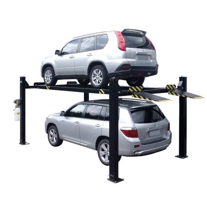 Valor VP9K-DX-XLT 9,000 lb 4 Post Deluxe Storage Lift showing with two vehicles loaded on a white halo background - Mechanic Super Store
