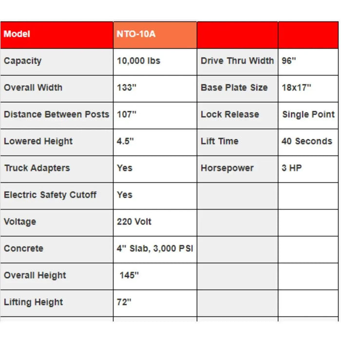 Triumph NTO-10A 10,000 lb. 2 Post Lift specification sheet - Mechanic Super Store