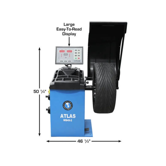 Altas WB49-2 Premium 2D Computer Wheel Balancer shown from the front pointing attention to the Large easy-to-read display Store