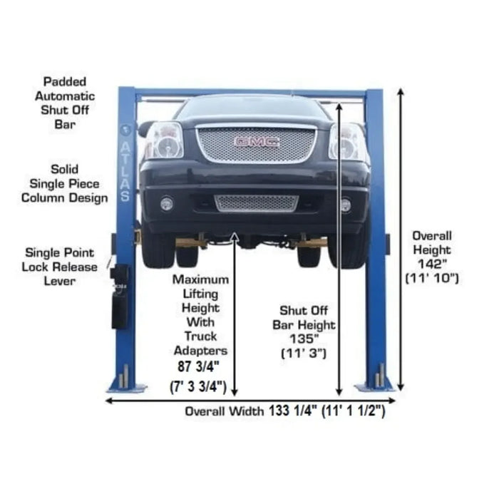 Atlas 9OHSC Overhead 9,000 lb. Capacity 2 Post Lift showing different dimensions on a white background - Mechanic Super Store