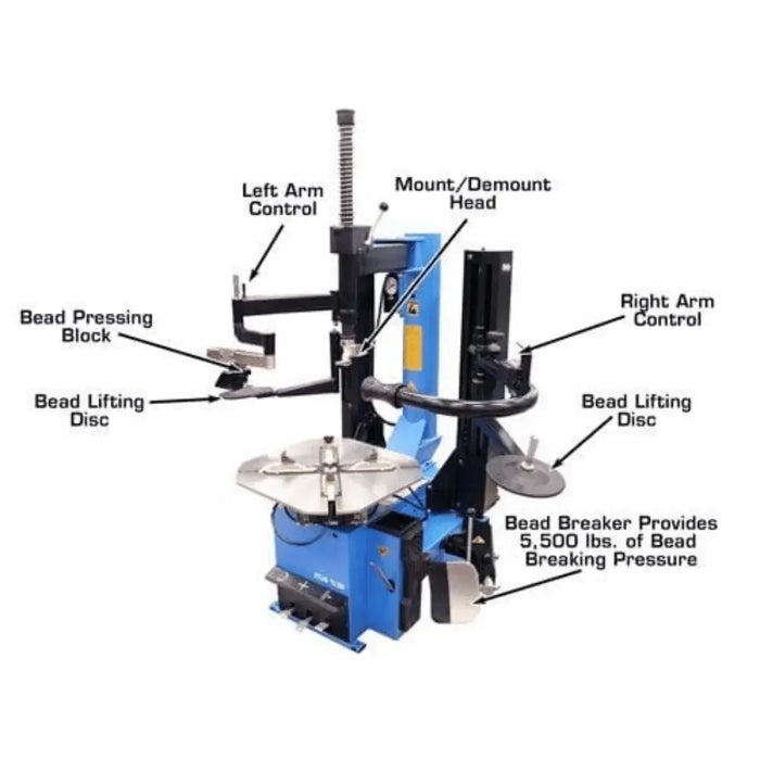 labels of the different parts of the Atlas TC289DAA Tire Changer + WB11 Wheel Balancer Combo Package - Mechanic Super Store