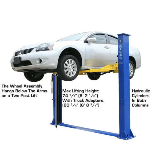 Atlas 9KBPX 9,000 lb Baseplate 2 Post Vehicle Lift with a sedan loaded showcasing the maximum lifting height of 74.5" - Mechanic Super Store