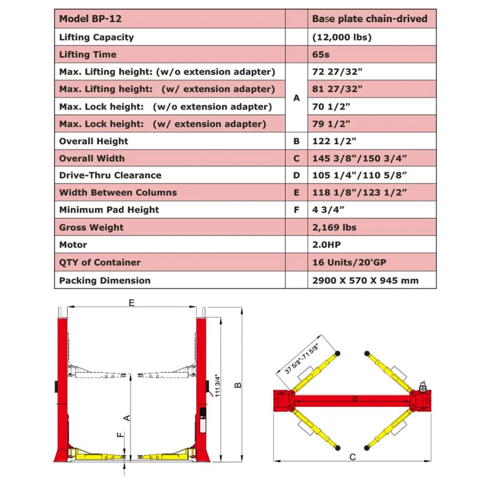 Amgo BP-12 12,000 Lb 2 Post Lift - Mechanic Super Store