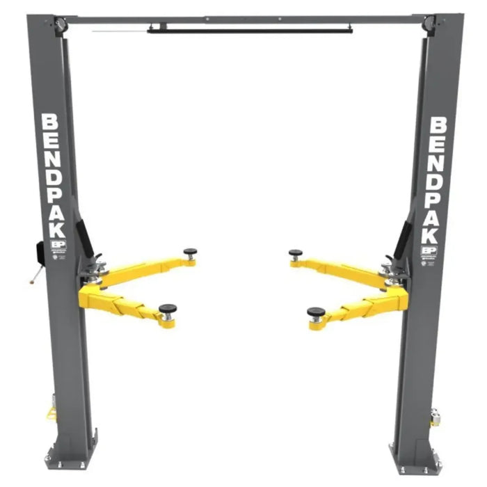 BendPak 2 Post Car Lift 10AP Pro Series 10,000‐lb Capacity shown from the front with the 
Bendpak logo visible on both posts. - Mechanic Super Store