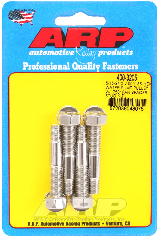ARP 5/16-24 X 2.000 SS hex water pump pulley w/ .750" fan spacer stud kit