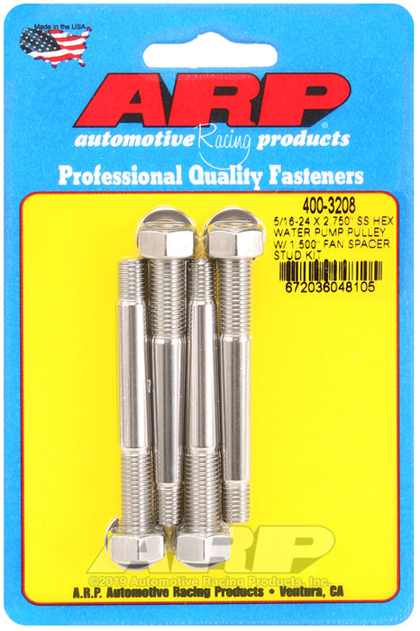ARP 5/16-24 X 2.750 SS hex water pump pulley w/ 1.500" fan spacer stud kit