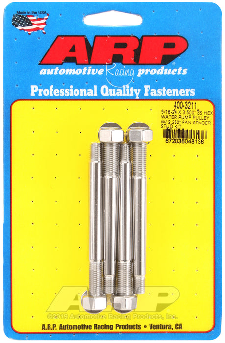 ARP 5/16-24 X 3.500 SS hex water pump pulley w/ 2.250" fan spacer stud kit