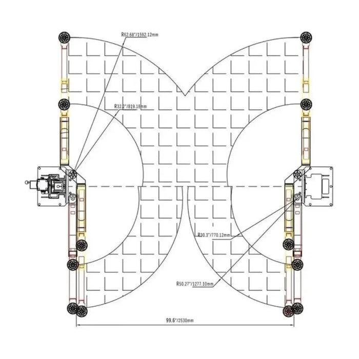 aerial diagram of the Katool KT-AS110D 11,000 lbs Asymmetrical 2 Post Lift's support arm swing range by Mechanic Super Store