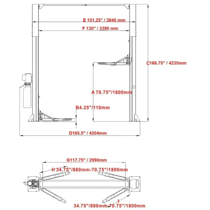 Katool KT-M120 12,000 lbs lift | 2 Post Clear-floor car Lift diagram showing dimensions - Mechanic Super Store