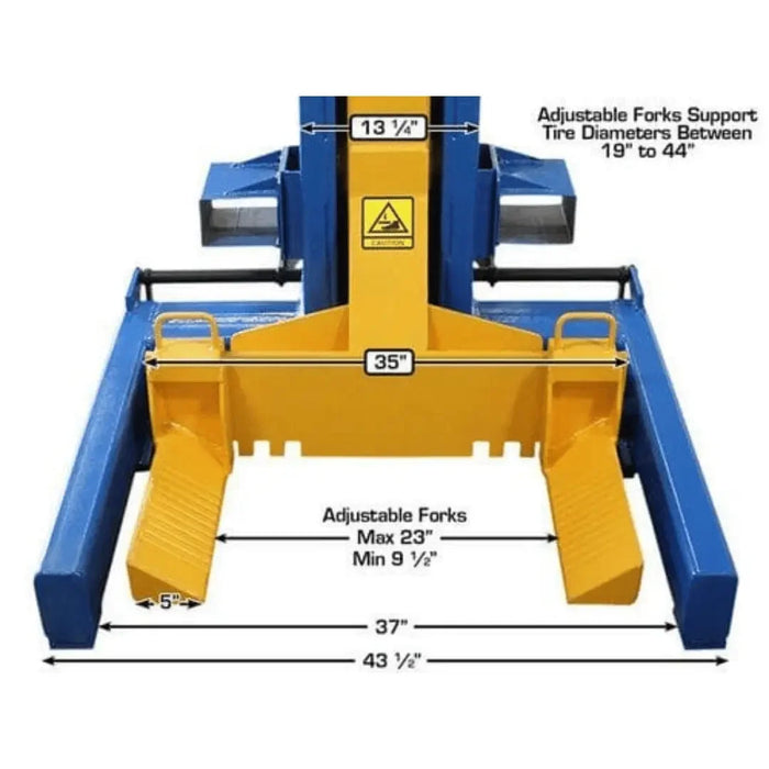 Atlas 99,000 LB. ALI Certified Battery Powered Mobile Column Automotive Lift System image showcasing measurements of the adjustable forks support between 9.25" - 23" for the adjustable forks and a base width of 37" between inside of base to 43.25" to the outside. - MechanicSuperstore