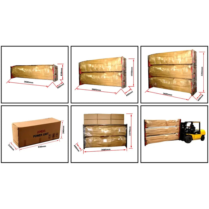 Amgo OHX-10H 10,000 lb 2 Post Lift showing packaging and forklift 