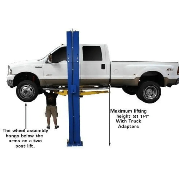 Atlas PV10PX 10,000 lb Overhead 2-Post Lift showing max lifting height of 81.25" and the wheel assembly hang below the post lift arms