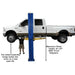 Atlas PV10PX 10,000 lb Overhead 2-Post Lift showing max lifting height of 81.25" and the wheel assembly hang below the post lift arms
