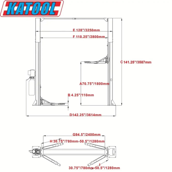 Katool KT-M110 11,000 lbs 2 Post Clear-floor Professional Vehicle Lift diagram showing all the measurements outlined in the specification sheet - mechanic superstore.