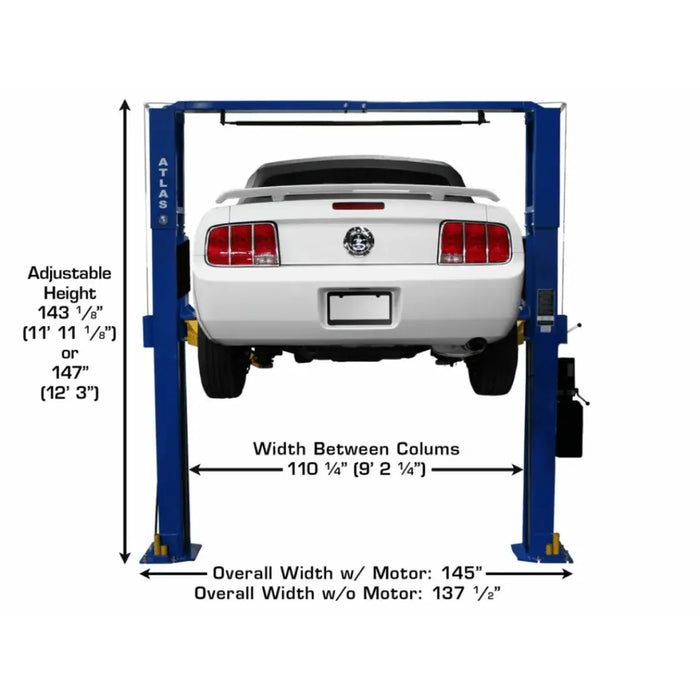 Atlas PV10PX 10,000 lb Overhead 2-Post Lift showing adjustable height of 143 1/8", width between columns of 110.25" overall width without motor of 145"
