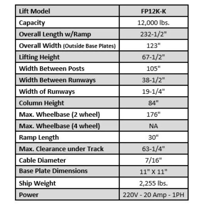 Tuxedo FP12K-K 12,000 lb 4 Post Lift - Cable Driven - Mechanic Super Store