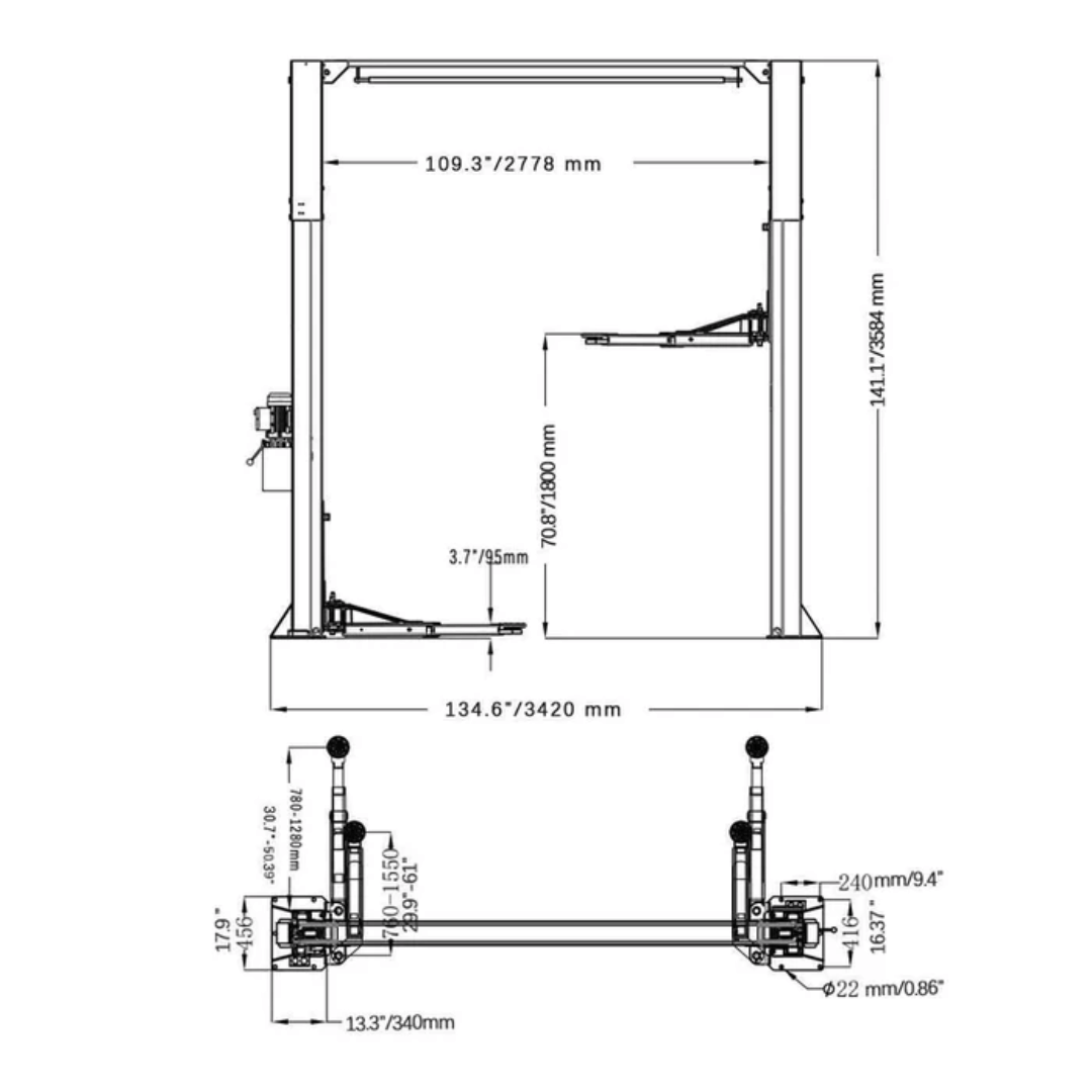 Katool KT-AS110D 11,000 lbs Asymmetrical 2 Post Lift
