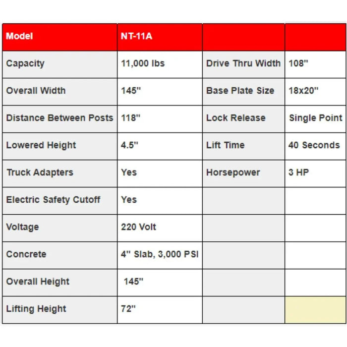 Triumph NTO-11A 11,000 lb. 2 Post Lift - Mechanic Super Store