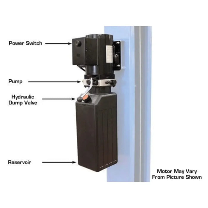 Image is of the Atlas PV10PX 10,000 lb Overhead 2-Post car lift power switch, pump, hydraulic dump valve, reservoir and motor.