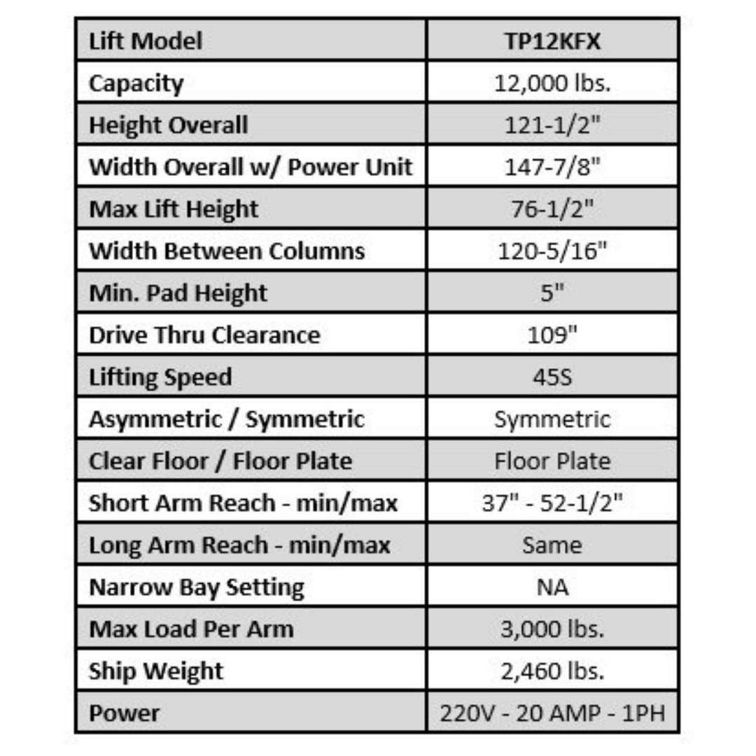 Tuxedo TP12KFX 12,000 lb 2 Post Floor Plate Lift