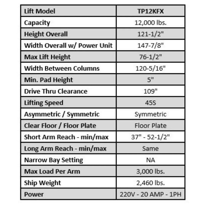 Tuxedo TP12KFX 12,000 lb 2 Post Floor Plate Lift - Mechanic Super Store