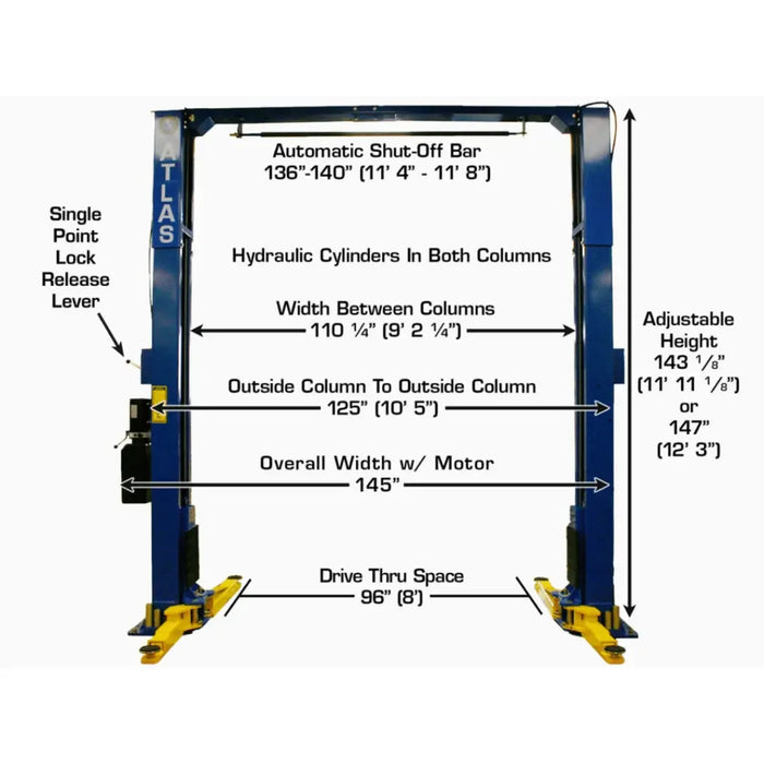 Atlas PV10PX 10,000 lb Overhead 2-Post vehicle lift. Image shows automatic shutoff bar, width between columns of 110.75", single point lock release lever, overall width with motor of 145" and drive thru space of 96" or 8 feet.