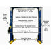 Atlas PV10PX 10,000 lb Overhead 2-Post vehicle lift. Image shows automatic shutoff bar, width between columns of 110.75", single point lock release lever, overall width with motor of 145" and drive thru space of 96" or 8 feet.