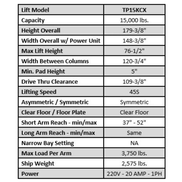 Tuxedo TP15KCX 15,000 lb Heavy Duty 2 Post Lift - Mechanic Super Store