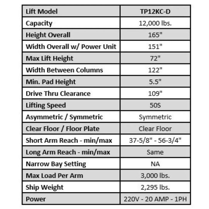 Tuxedo TP12KC-D 12,000 lb 2 Post Lift - Direct Drive - Mechanic Super Store
