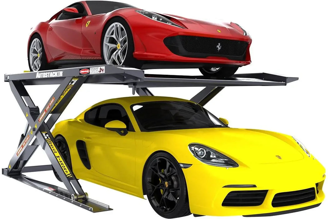 Image shows Autostacker A6W 6,000-lbs. Capacity Extra-Wide Parking Lift with red and yellow sports cars stored on the lift - Mechanic Super Store
