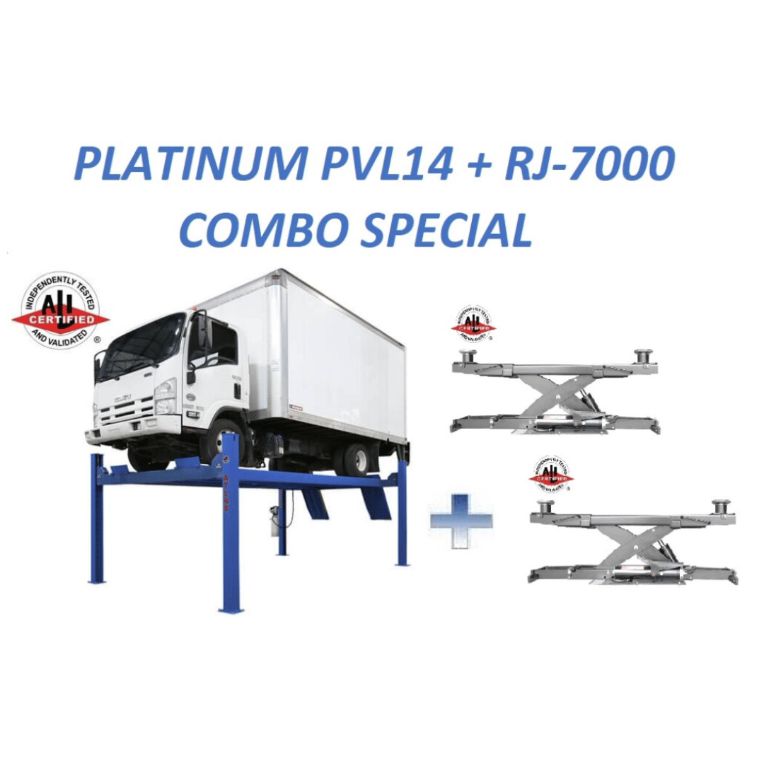 Atlas Platinum PVL14 4-Post Lift + RJ7000 Rolling Bridge Jacks ALI Certified Combo