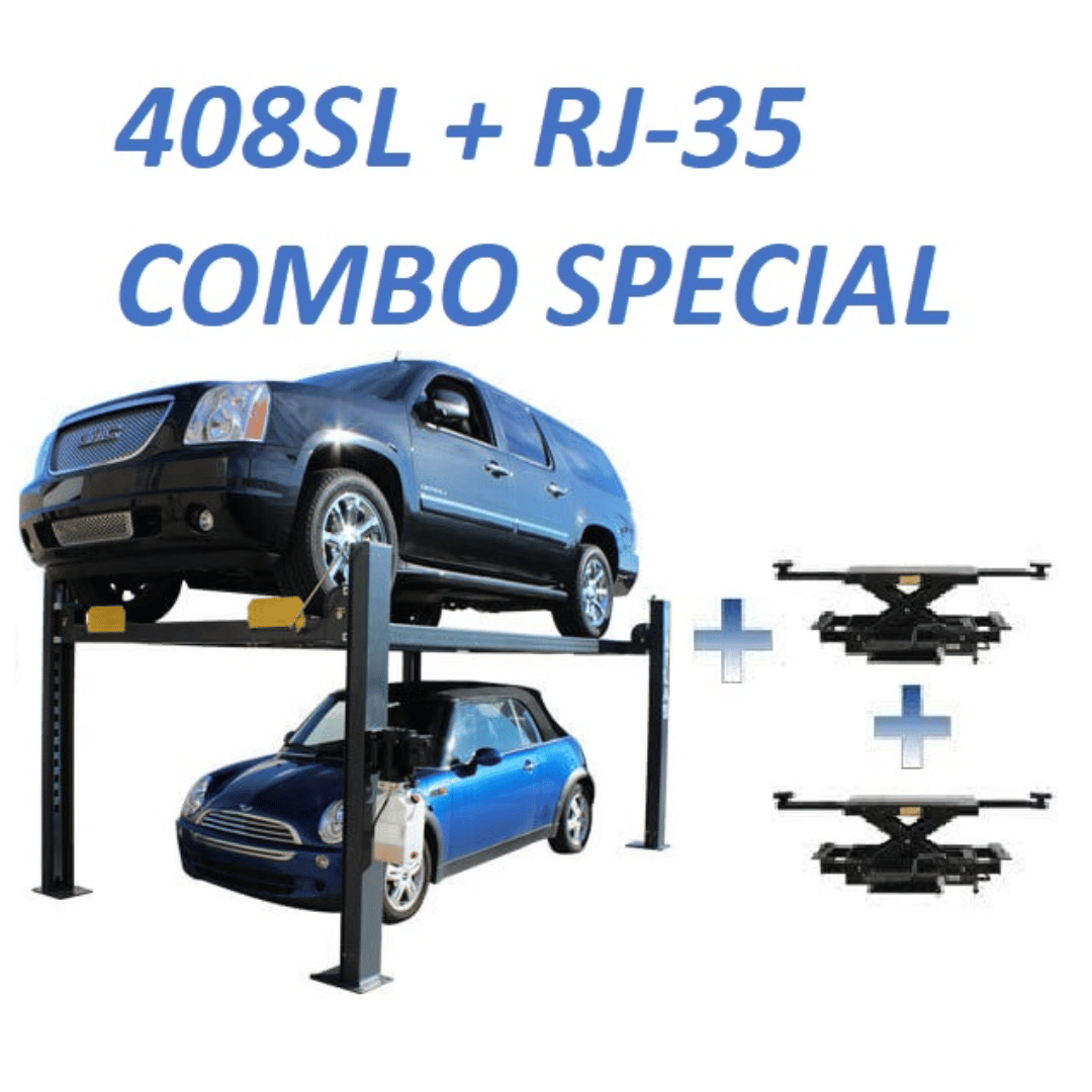 Atlas PREMIUM 408SL 4 Post Lift + RJ35 Sliding Jacks Combo