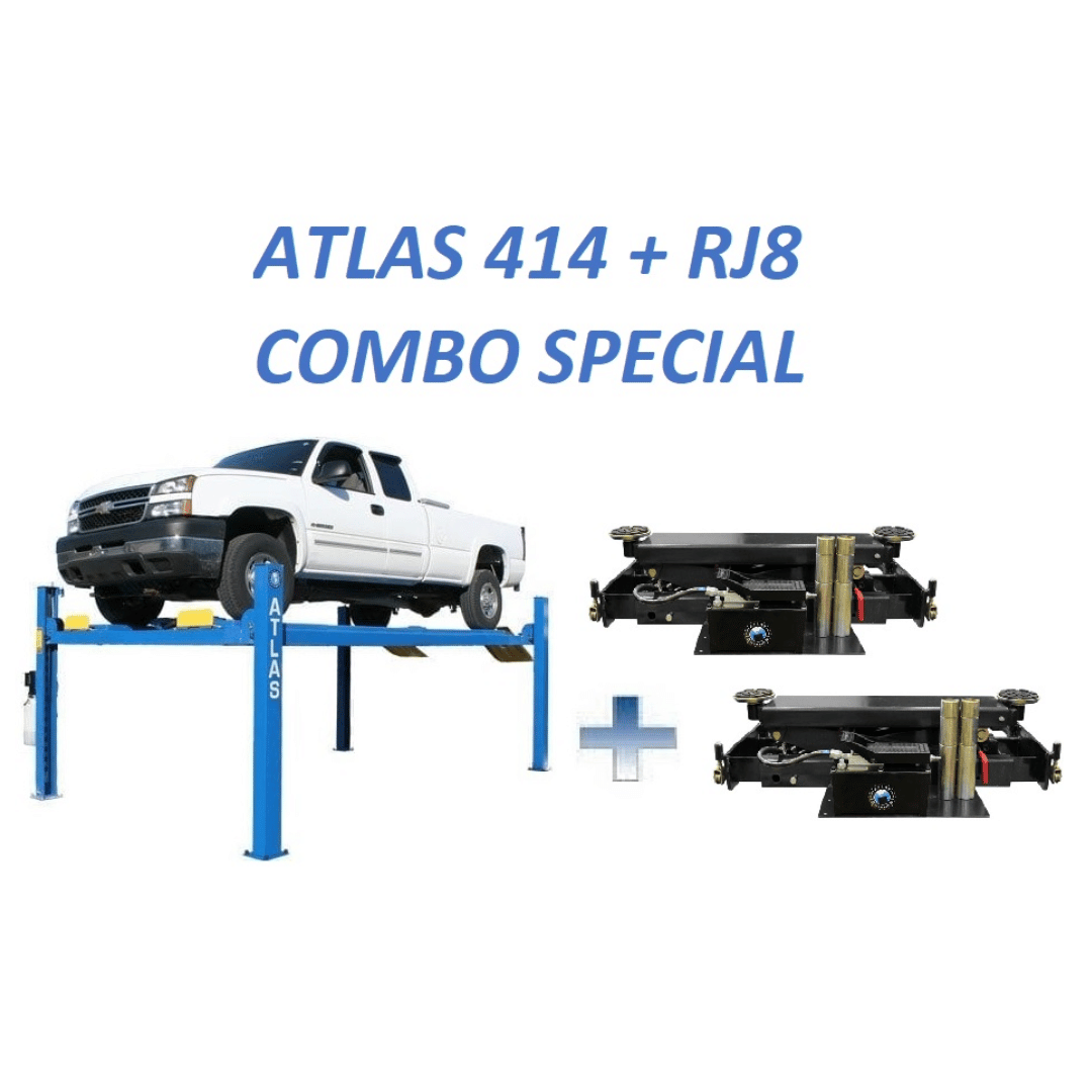 Atlas 414 14,000 lb Commercial 4-Post Lift + RJ8 Rolling Bridge Jacks Combo