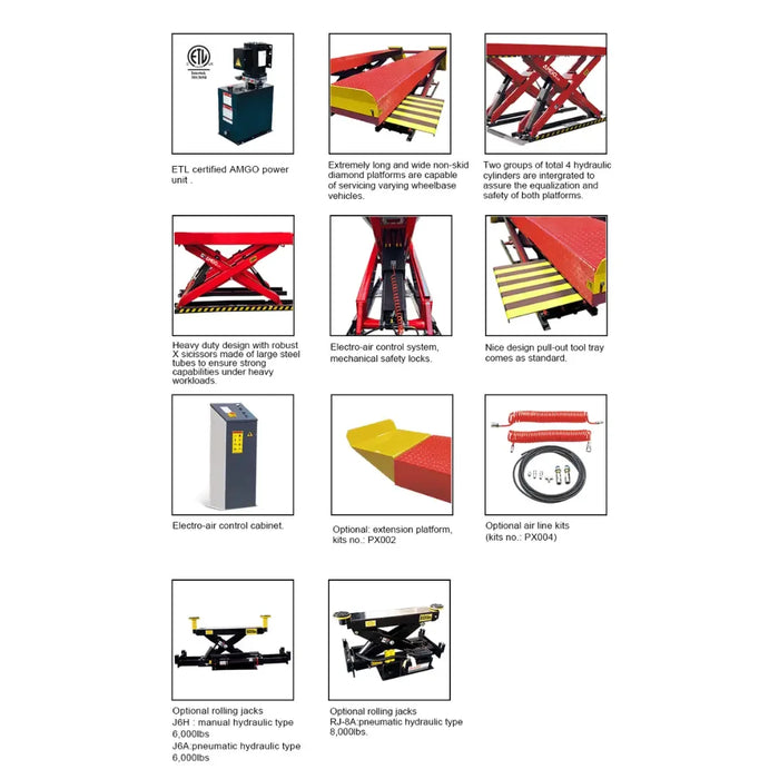 Amgo AX-12 12,000 Lb Scissor Lift flier whoing 11 inset images showcasing the features of the car scissor lift- Mechanic Super Store
